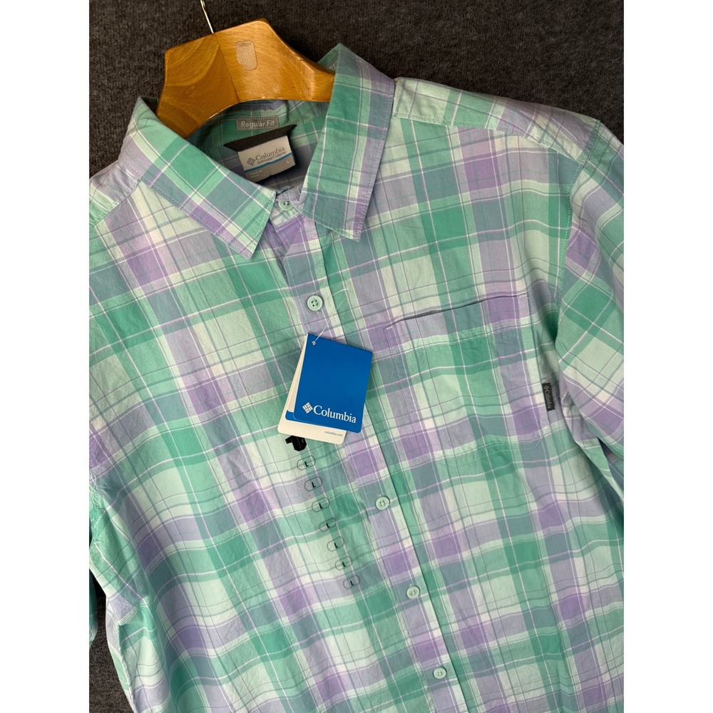 NWT Columbia Thompson Hill II Yarn Dye Shirt Men L Green Purple Plaid Fish Beach